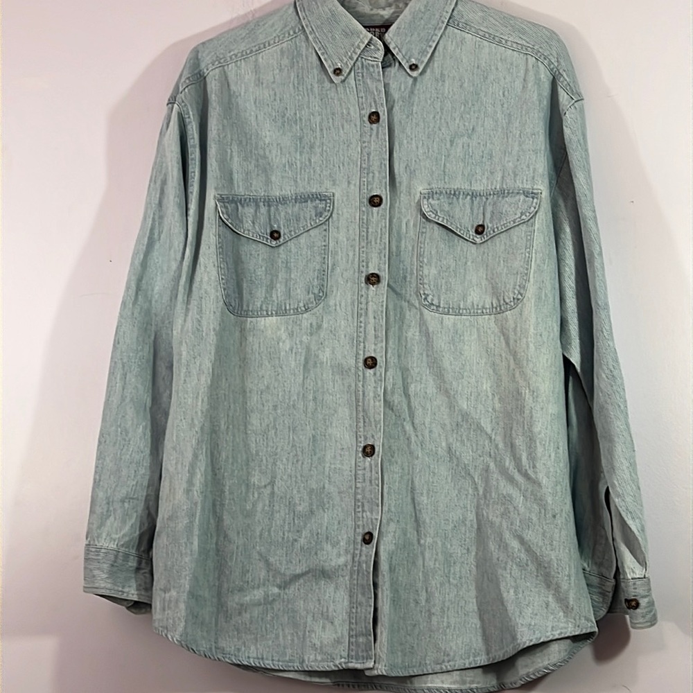 Vintage faded glory chino cotton button down work shirt, embroidered in back, M